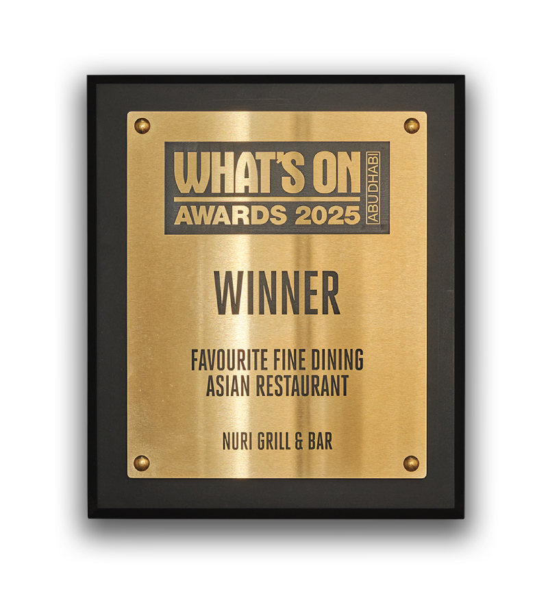 What's On Awards 2025 plaque: Winner, Favourite Fine Dining Asian Restaurant, NURI Grill & Bar