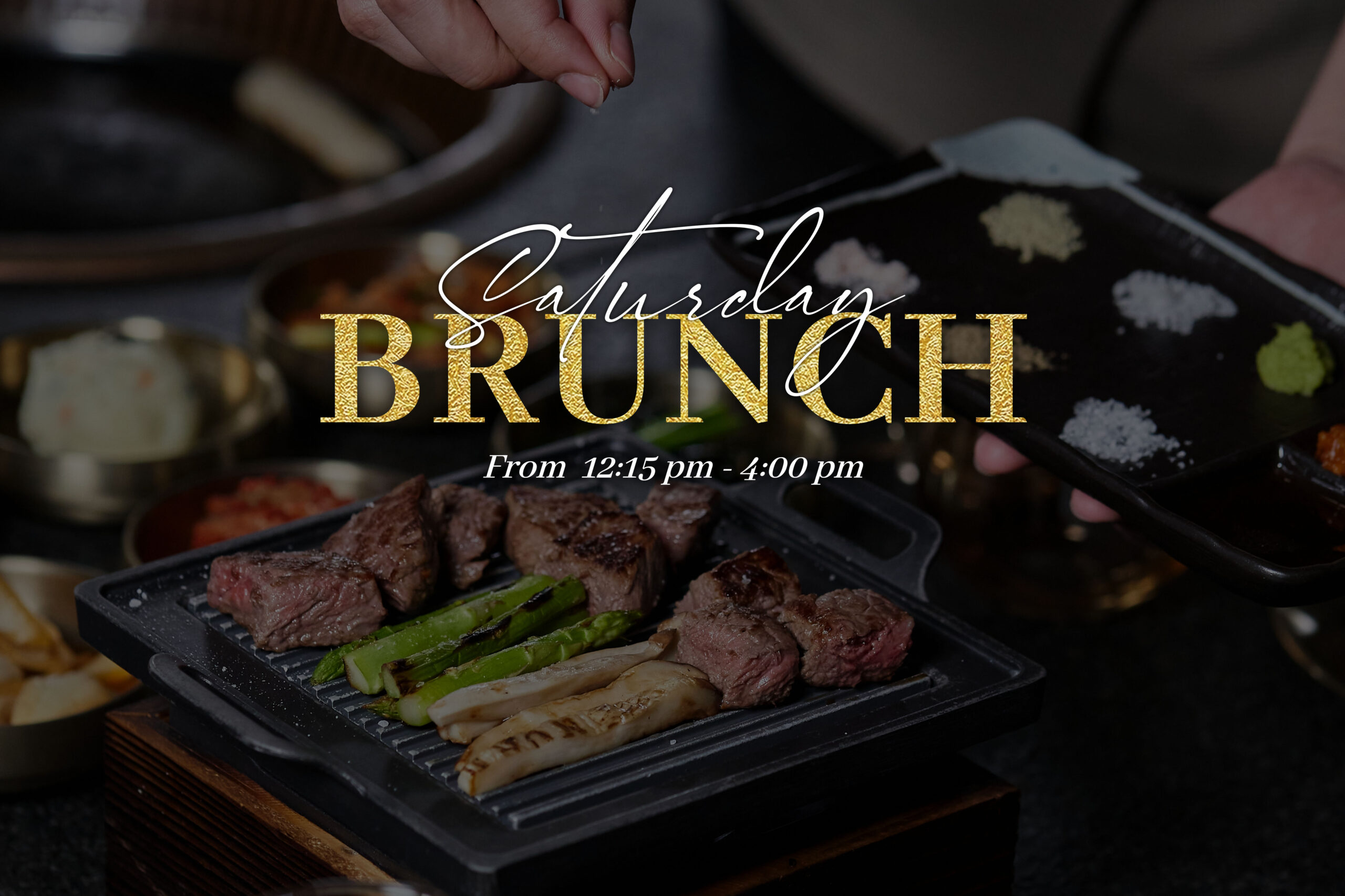 Saturday Brunch at NURI Grill & Bar, from 12:15pm to 4:00pm: steak and grilled vegetables on a tabletop grill